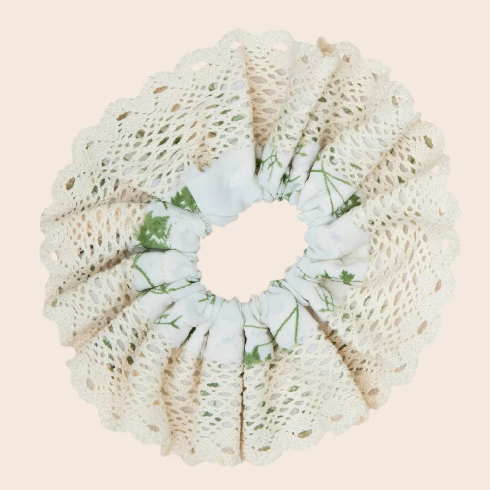 Kids Floral Scrunchie with Crochet Lace Trim Green White Cottagecore Hair Tie